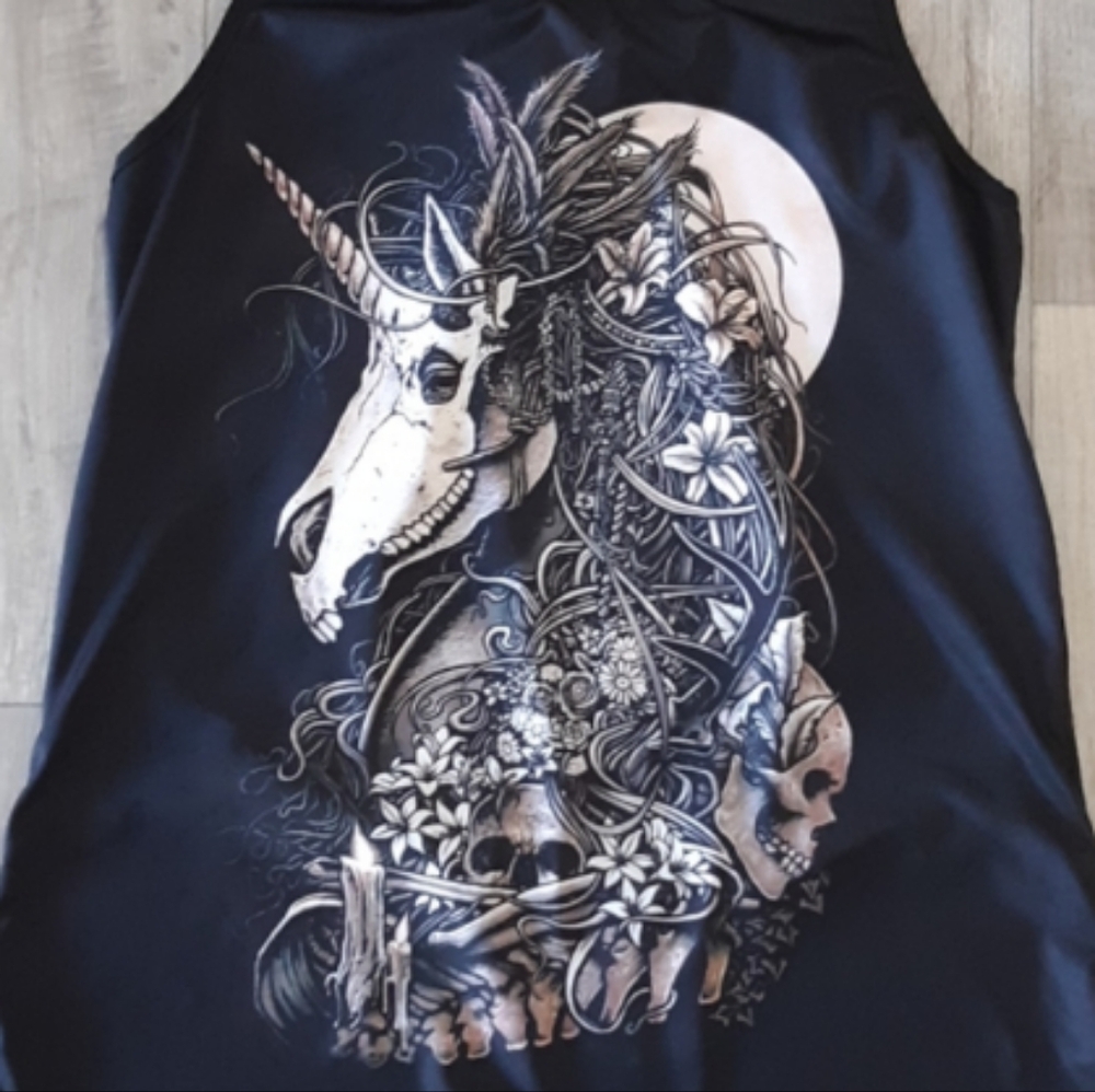 Womens Unicorn Skeleton Skull Tank Tee T shirt sz Sm Med Spandex
